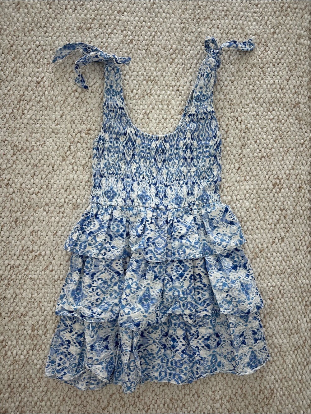 Olivaceous Blue and White Tiered Tie-Shoulder Dress